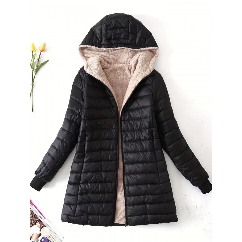 Zip Up Solid Hooded Coat, Casual Long Sleeve Winter Warm Outerwear, Women's Clothing
