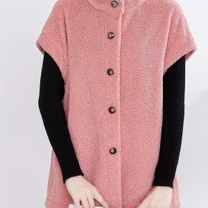 Button Front Teddy Vest, Casual Short Sleeve Solid Versatile Vest, Women's Clothing
