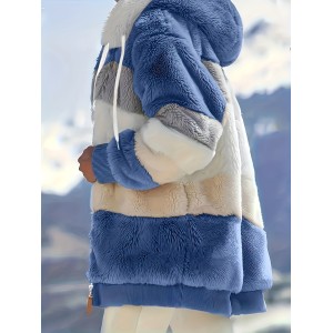 Color Block Hooded Teddy Coat, Casual Zip Up Long Sleeve Winter Warm Outerwear, Women's Clothing