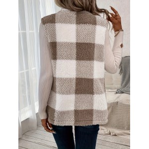 Plaid Pattern Teddy Vest, Casual Open Front Sleeveless Vest, Women's Clothing