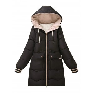 Zip Up Color Block Hooded Coat, Casual Long Sleeve Winter Warm Outerwear, Women's Clothing