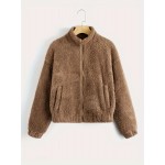 Zip Up Solid Teddy Jacket, Casual Simple Winter Warm Outerwear, Women's Clothing