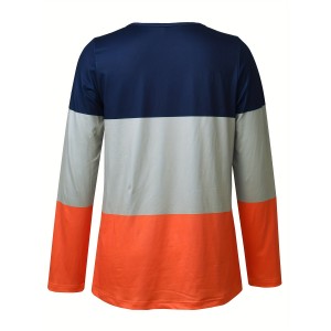 Colorblock Stripe Print Zip Front T-Shirt, Casual Long Sleeve Top For Spring & Fall, Women's Clothing