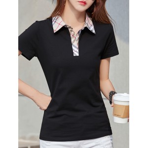 Contrast Trim Turn Down Collar T-Shirt, Casual Short Sleeve Knitting T-Shirt For Summer, Women's Clothing