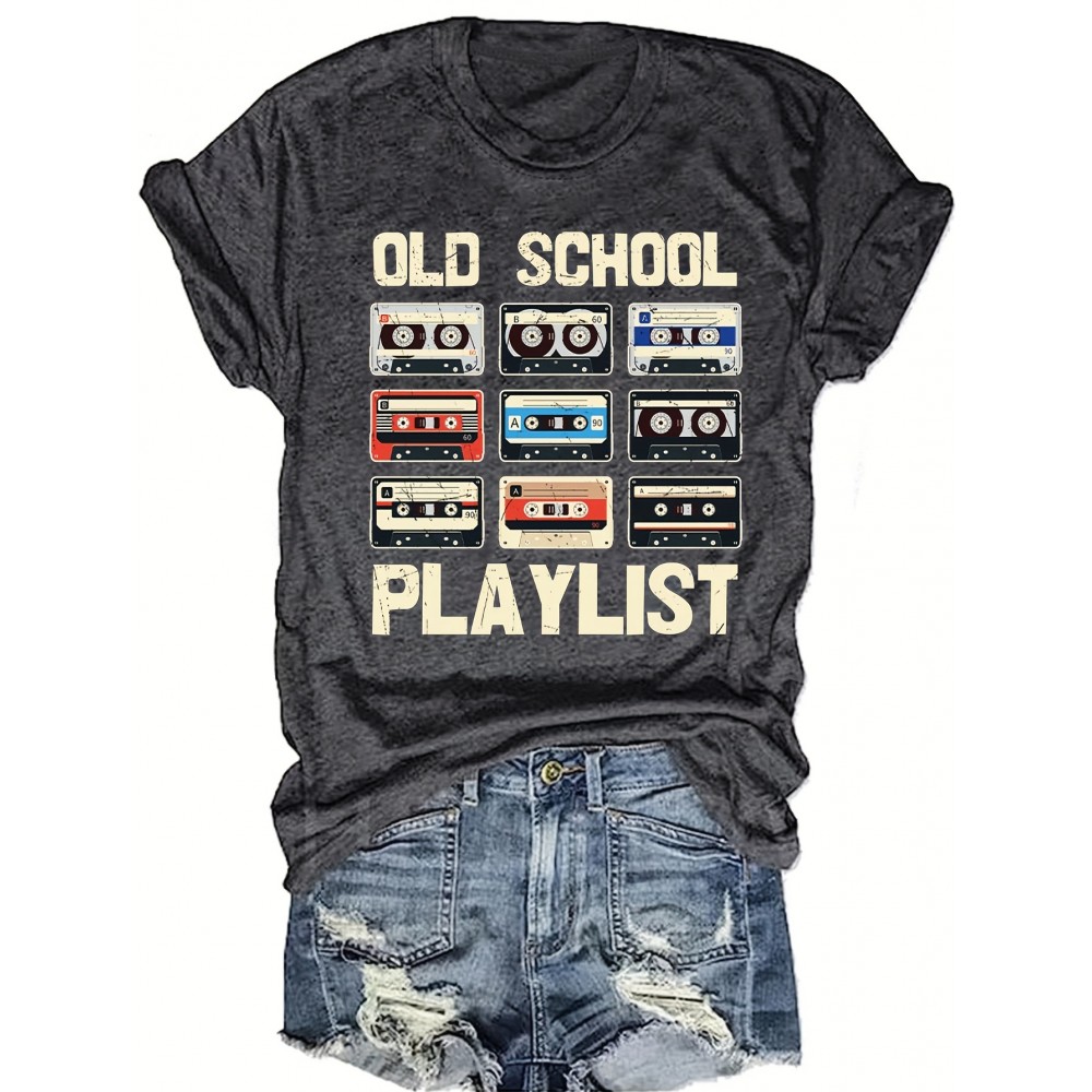 Tape & Letter Print Crew Neck T-Shirt, Casual Short Sleeve T-Shirt For Spring & Summer, Women's Clothing