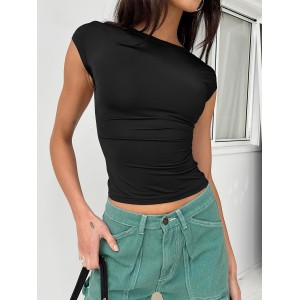 Y2K Solid Backless T-shirt, Sexy Cap Sleeve Crew Neck Slim Versatile T-shirt, Women's Clothing