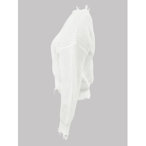 Solid Slant Shoulder Pullover Sweater, Distressed Ripped Raw Hem Long Sleeve Sweater, Women's Clothing