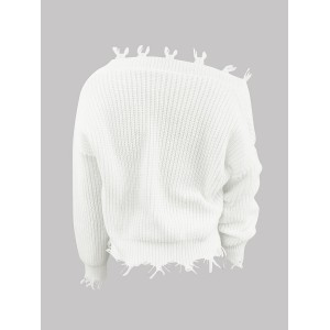 Solid Slant Shoulder Pullover Sweater, Distressed Ripped Raw Hem Long Sleeve Sweater, Women's Clothing