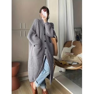 Solid Button Front Turtle Neck Cardigan, Casual Long Sleeve Pocket Oversized Sweater Overcoat, Women's Clothing