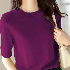 Half Sleeve Knit Swearter, Casual Crew Neck Solid Sweater For Spring & Summer, Women's Clothing