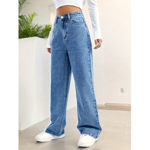 Loose Fit Washed Straight Jeans, Slant Pockets Non-Stretch Denim Pants, Women's Denim Jeans & Clothing