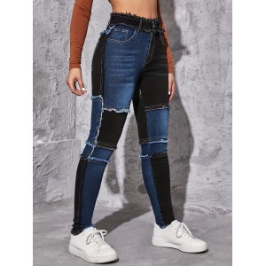 Colorblock Raw Hem Skinny Jeans, Slim Fit Slash Pockets High-Stretch Patchwork Casual Denim Pants, Women's Denim Jeans & Clothing