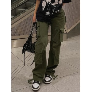Women's Y2K Streetwear Cargo Pants - Vintage 90s High Waisted Wide Leg Overalls With Pockets