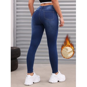 Fleece Liner Washed Skinny Jeans, Mid-Stretch Keep Warm Slim Fit Tight Jeans, Women's Denim Jeans & Clothing