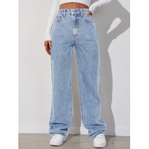 Light Blue Versatile Straight Jeans, Loose Fit Slash Pockets Baggy Denim Pants, Women's Denim Jeans & Clothing