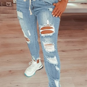 Plain Ripped Holes Skinny Jeans, Slim Fit Frayed Hem Drawstring Elastic Waist Denim Pants, Women's Denim Jeans & Clothing