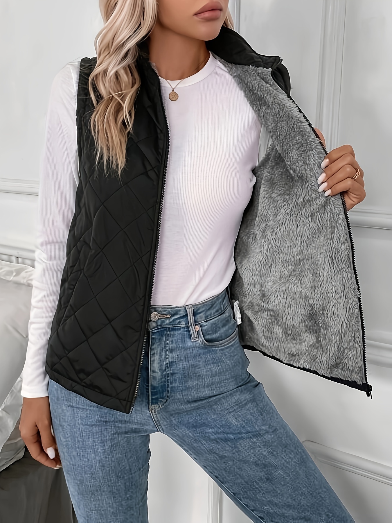 argyle pattern fall winter vest casual zip up sleeveless vest womens clothing details 2