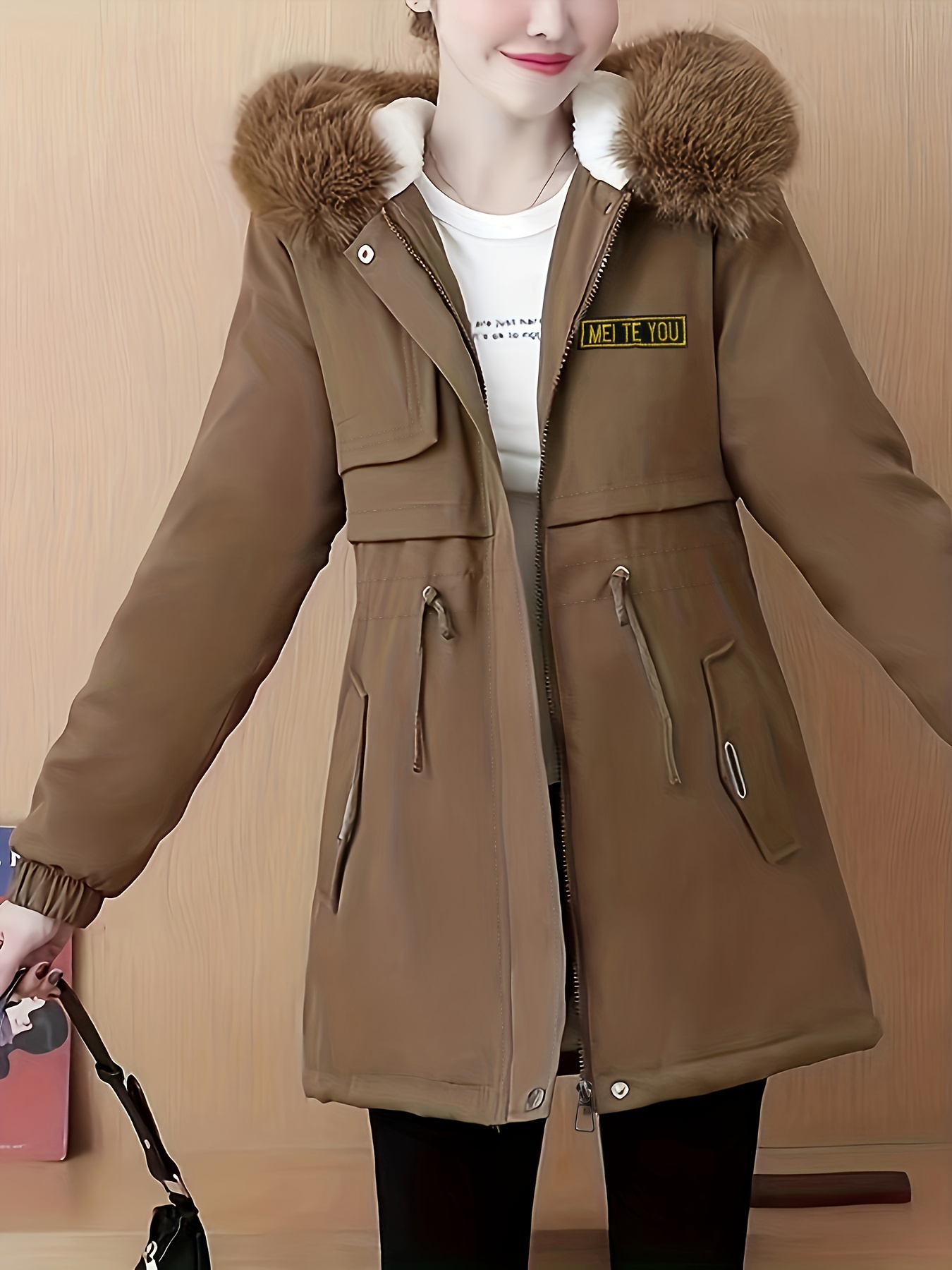 毛绒饰边连帽保暖大衣，休闲风拉链长袖冬季外套，女士服饰细节图 6