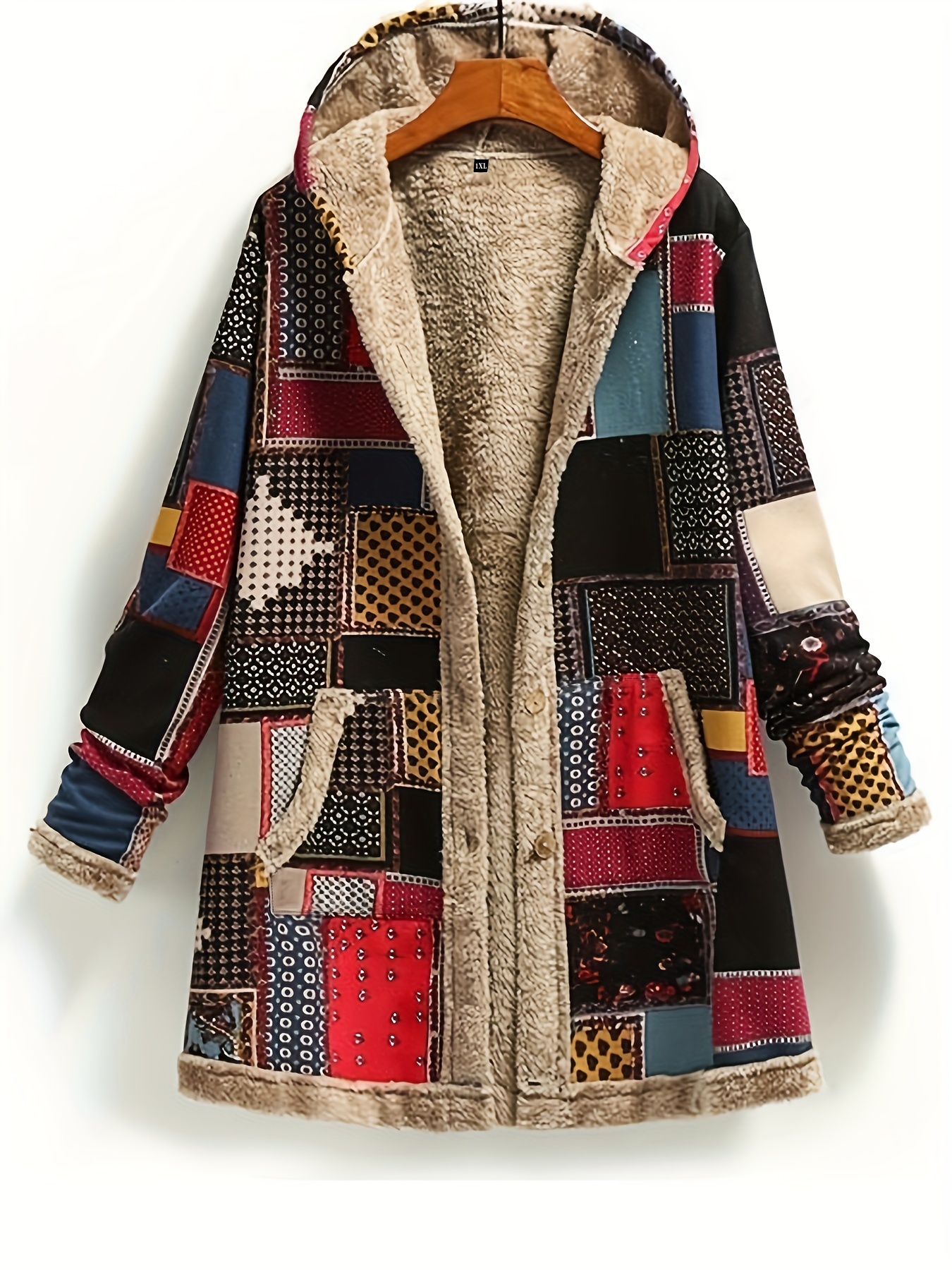 复古拼接连帽夹克 长袖纽扣休闲轻量外套 秋冬女士服装 细节图 4