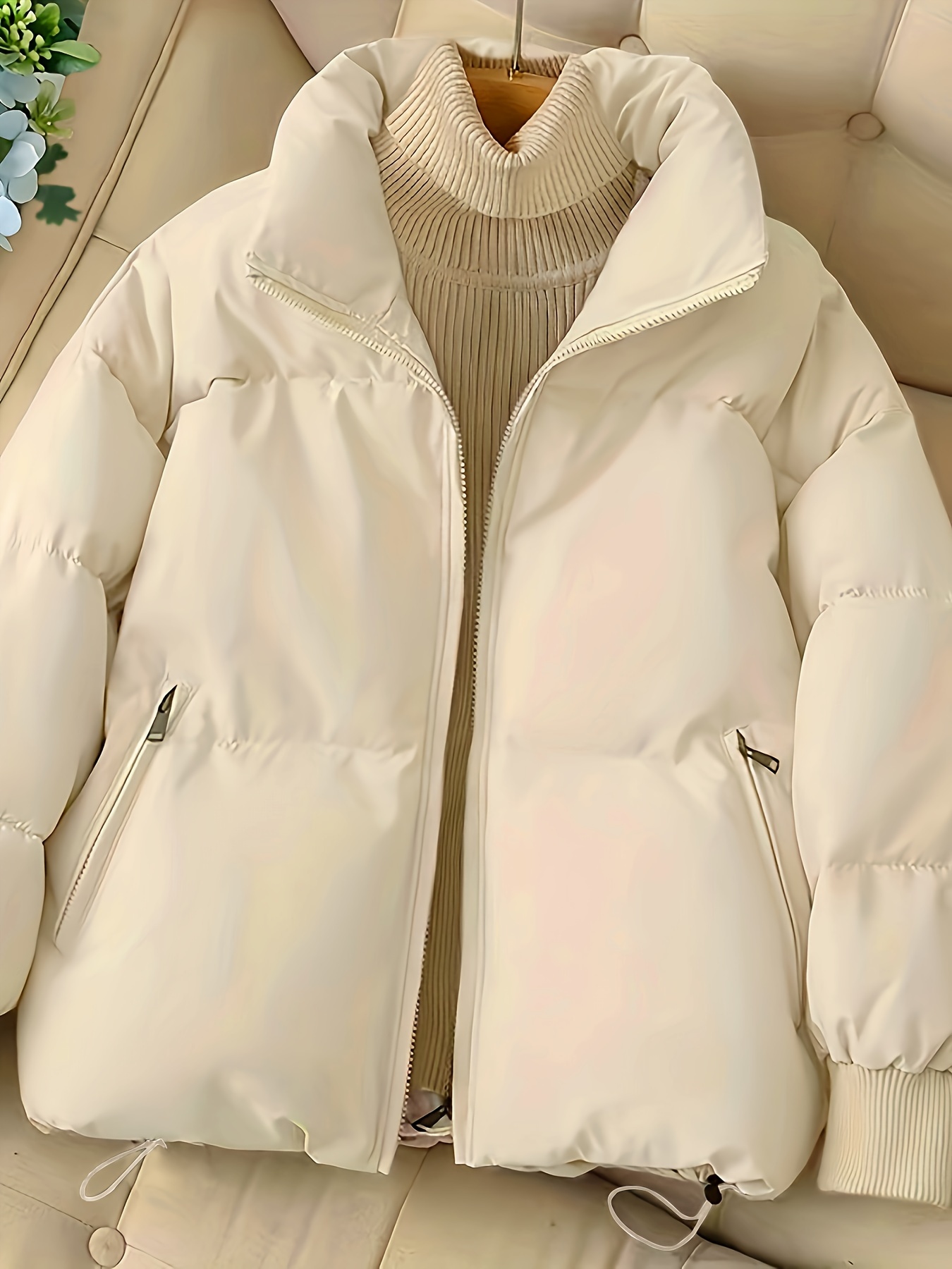 纯色拉链前开式休闲立领长袖秋冬保暖外套女士服装细节图 0
