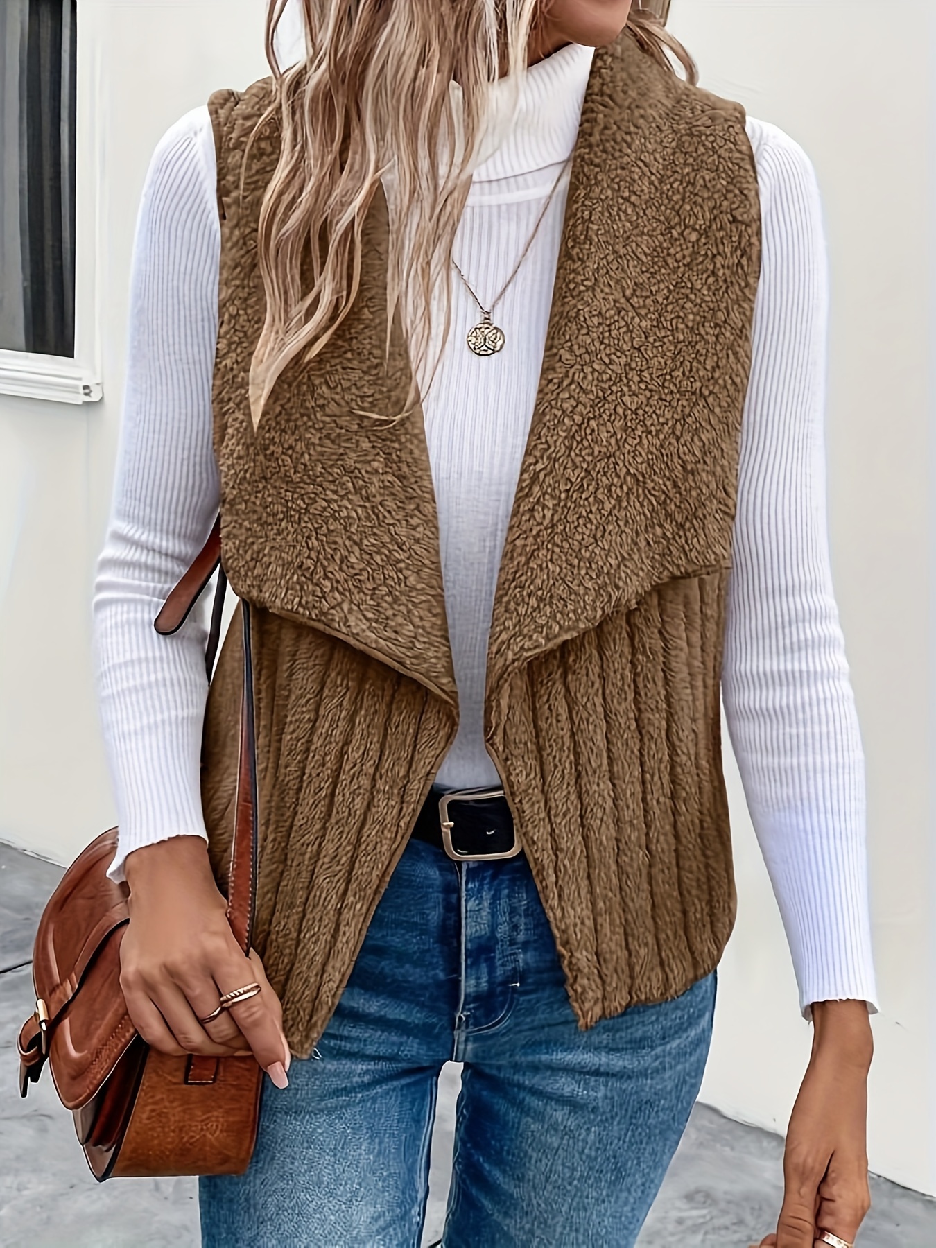 瀑布领开衫马甲——百搭毛绒无袖秋冬女装细节图 4