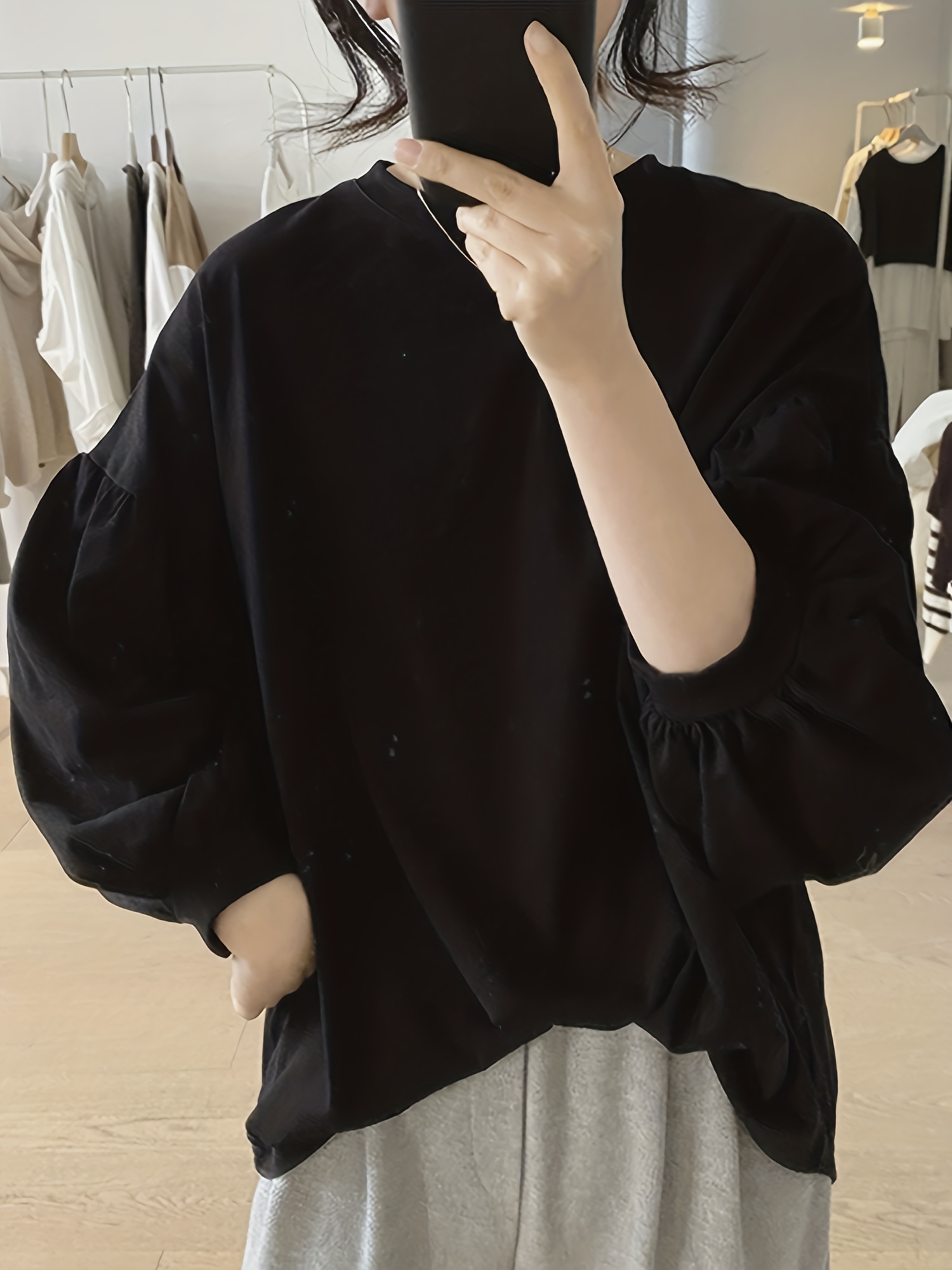 春季秋季女士休闲纯色圆领灯笼袖上衣细节图 8
