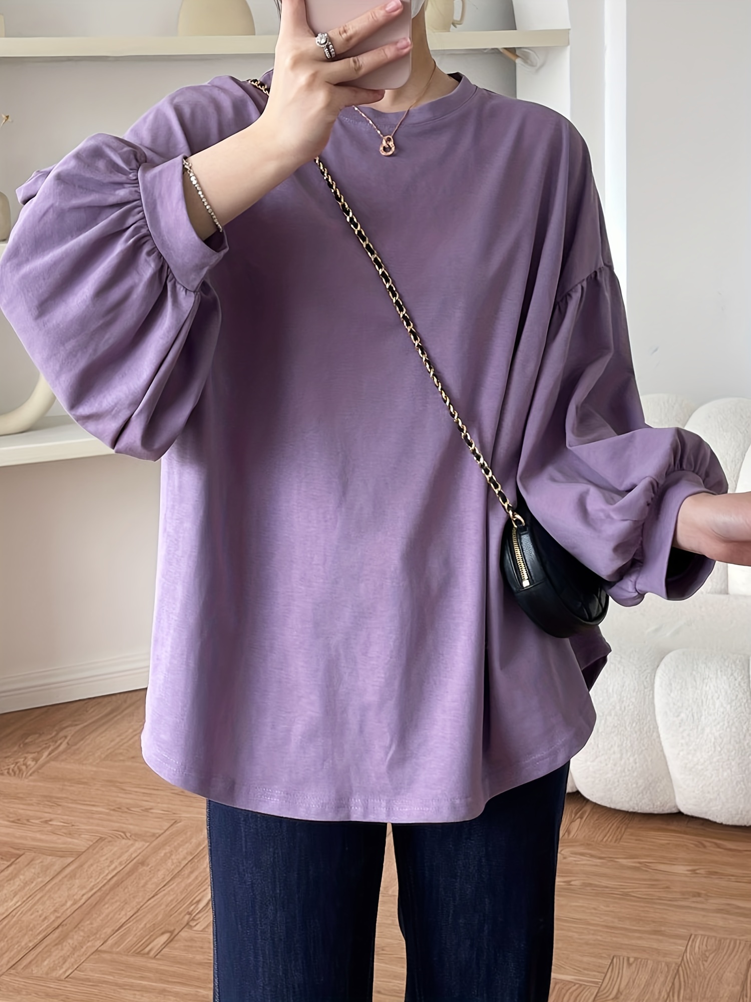 春季秋季女士休闲纯色圆领灯笼袖上衣细节图 11