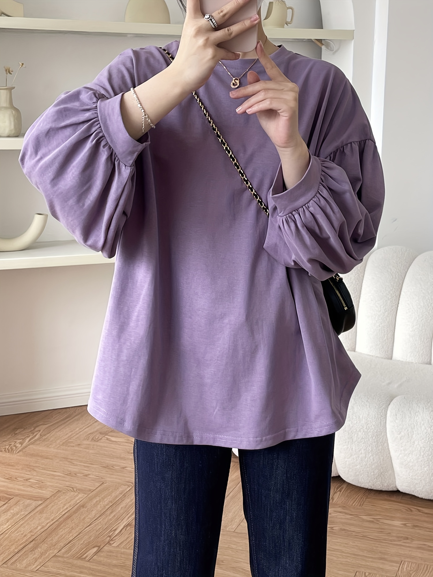 春季秋季女士休闲纯色圆领灯笼袖上衣细节图 13