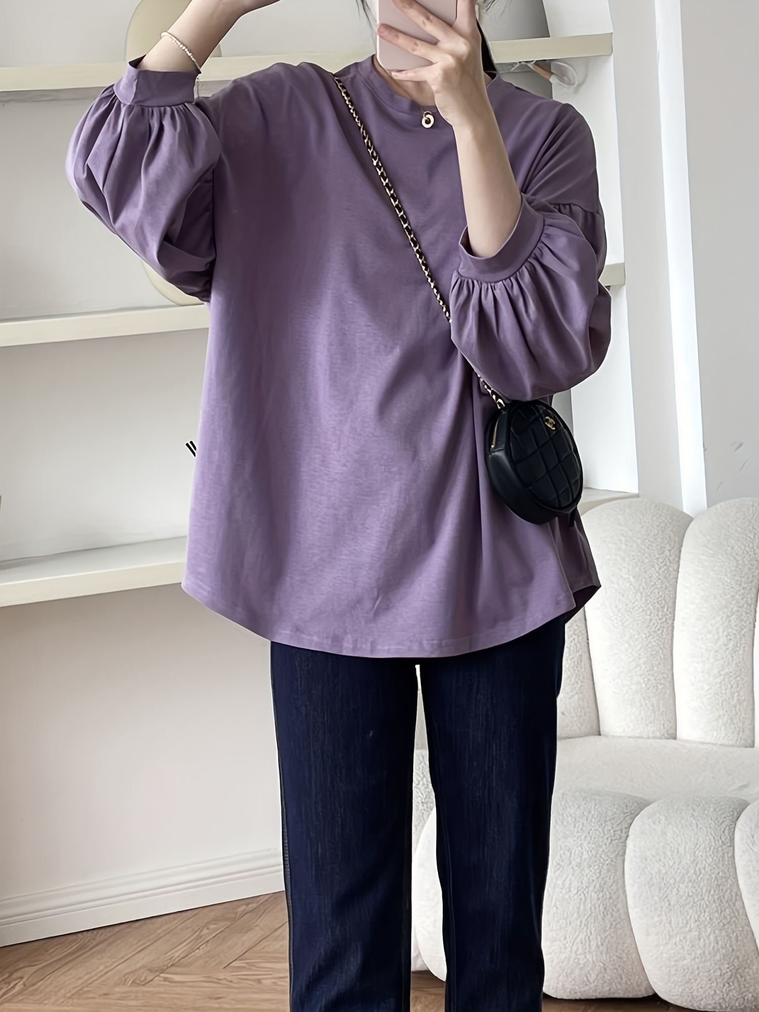 春季秋季女士休闲纯色圆领灯笼袖上衣细节图 14