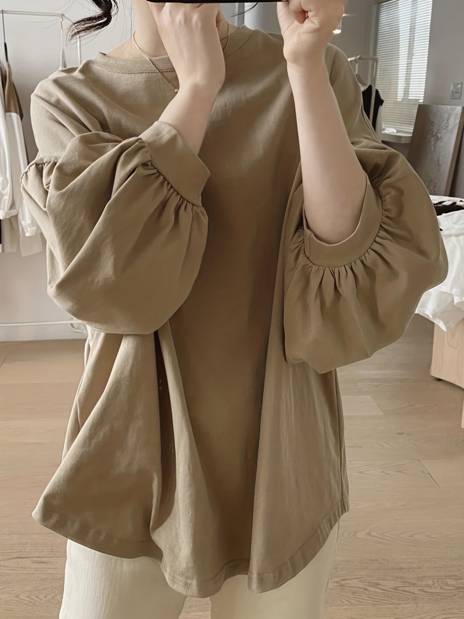 春季秋季女士休闲纯色圆领灯笼袖上衣细节图 16