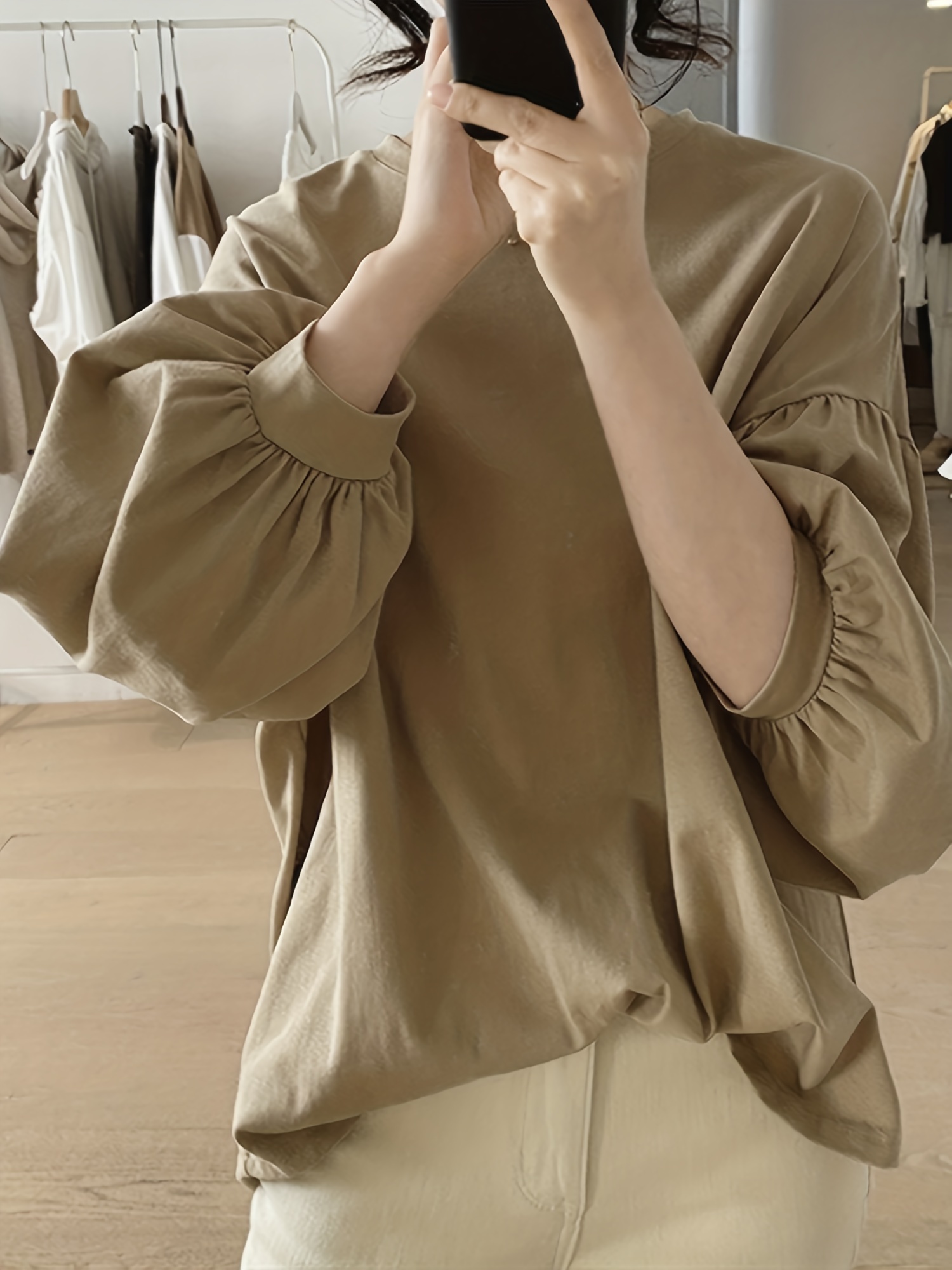 春季秋季女士休闲纯色圆领灯笼袖上衣细节图 17