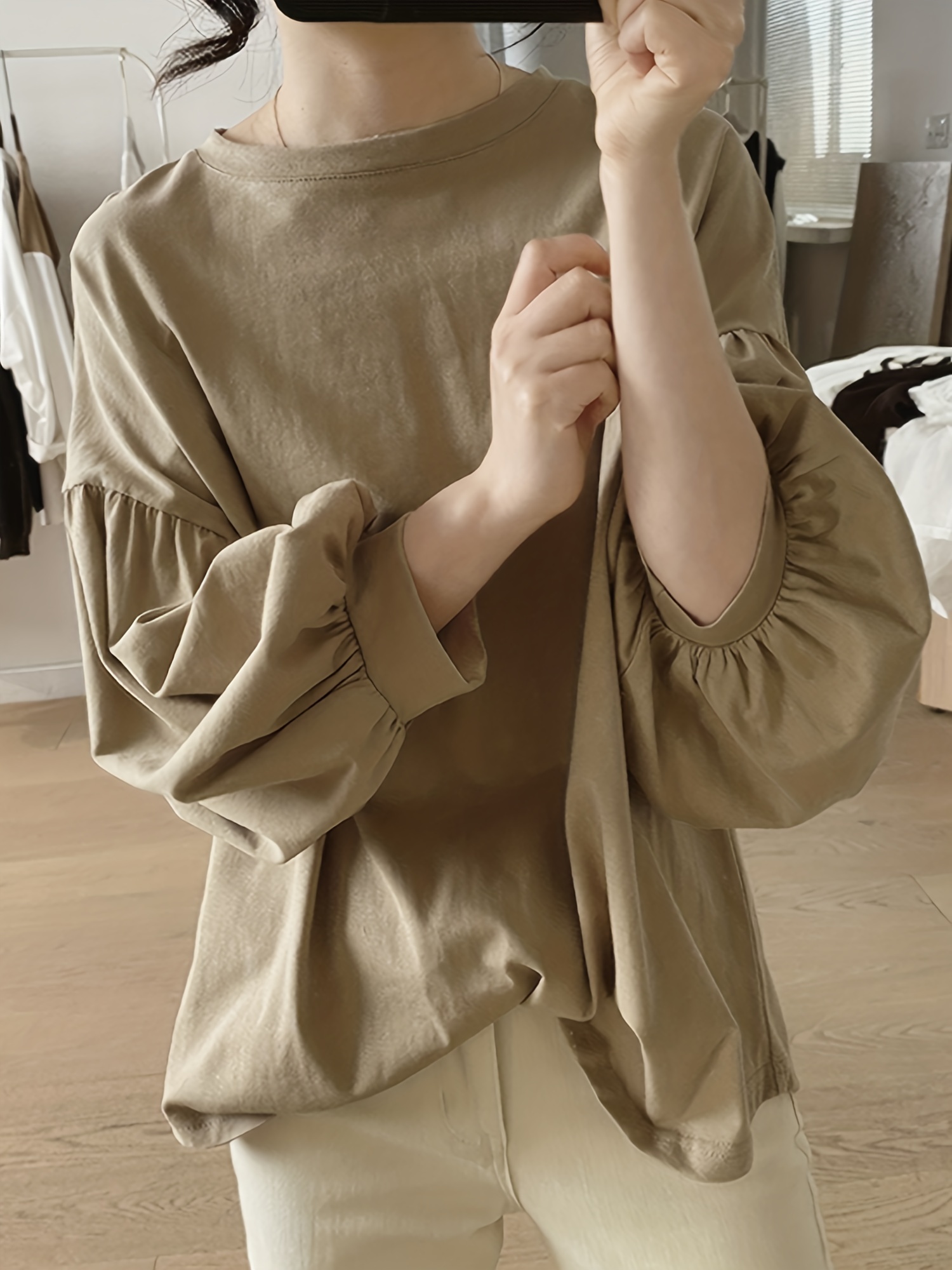 春季秋季女士休闲纯色圆领灯笼袖上衣细节图 18