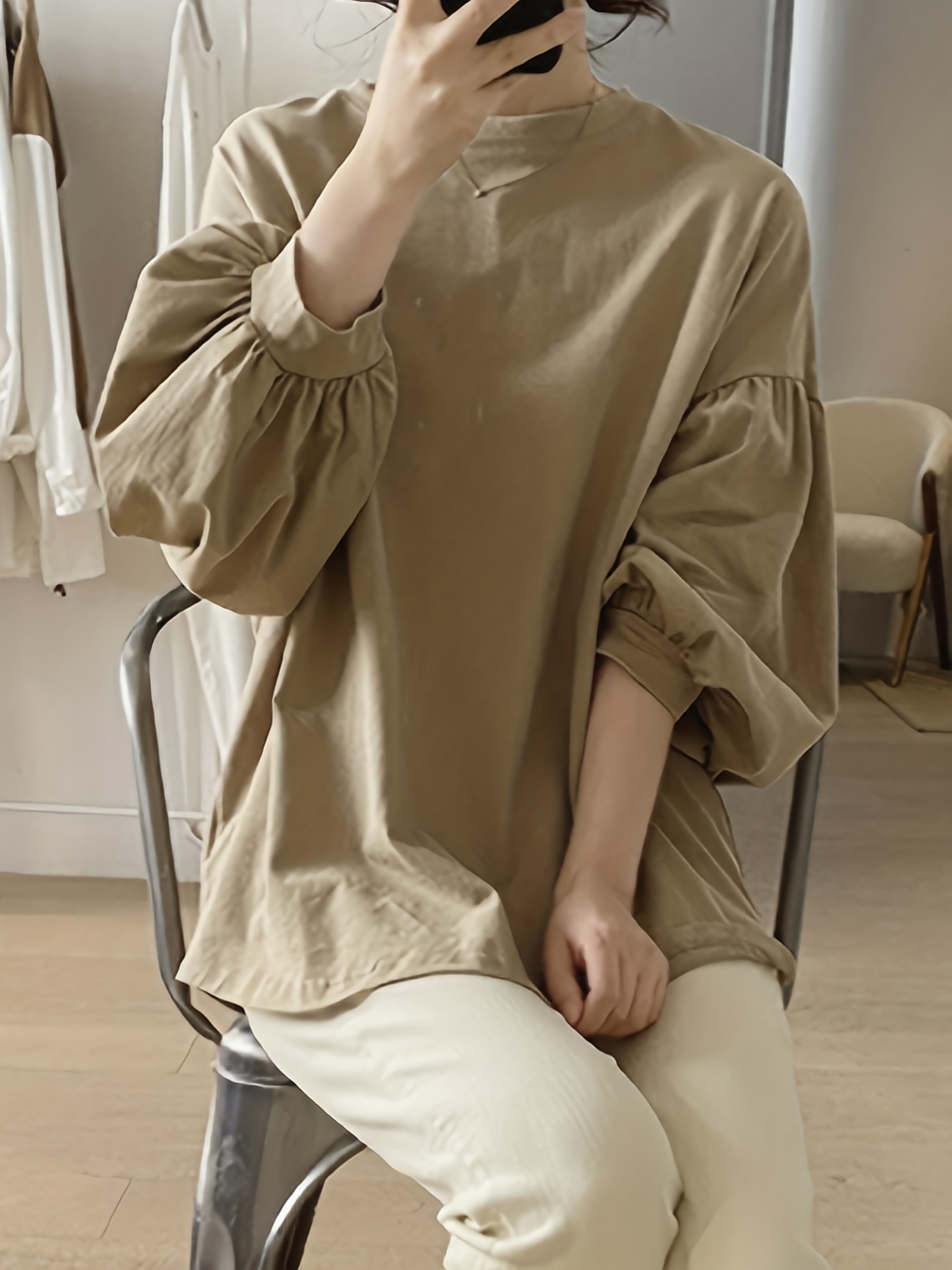 春季秋季女士休闲纯色圆领灯笼袖上衣细节图 19