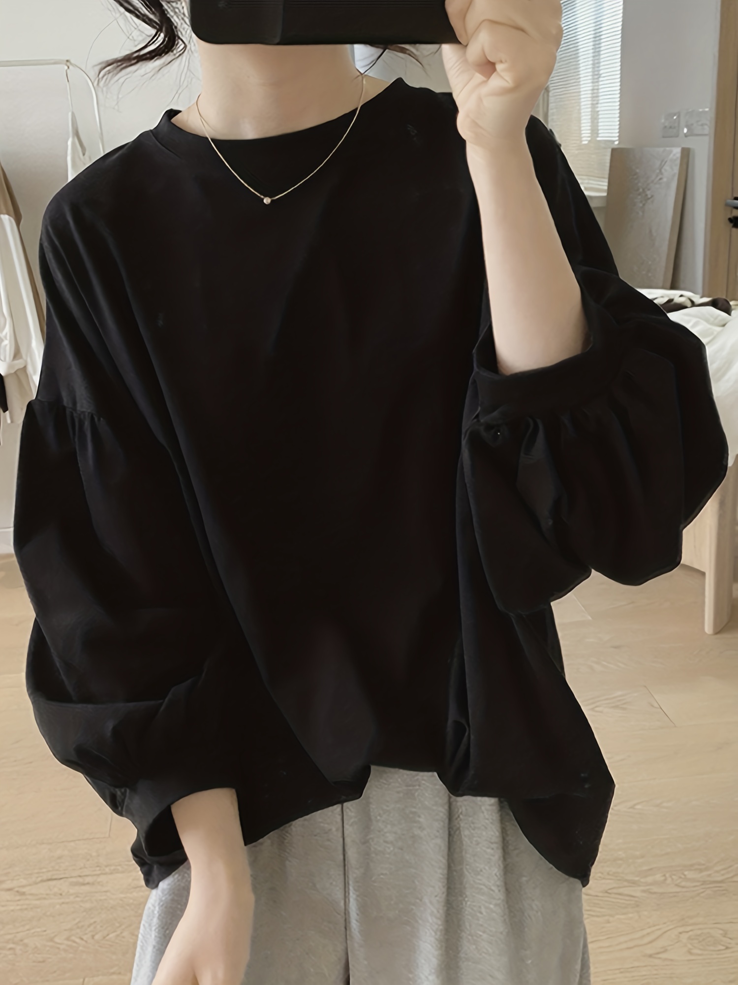 纯色圆领T恤 休闲灯笼袖上衣 春秋季女士服装 细节图 6