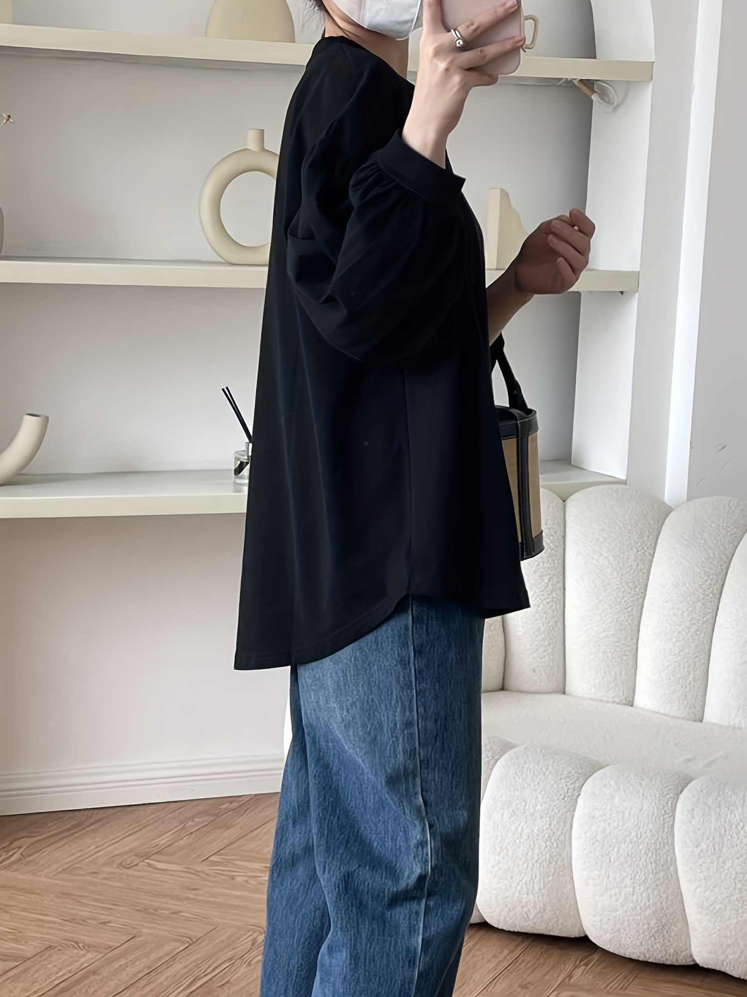 纯色圆领T恤 休闲灯笼袖上衣 春秋季女士服装 细节图 10