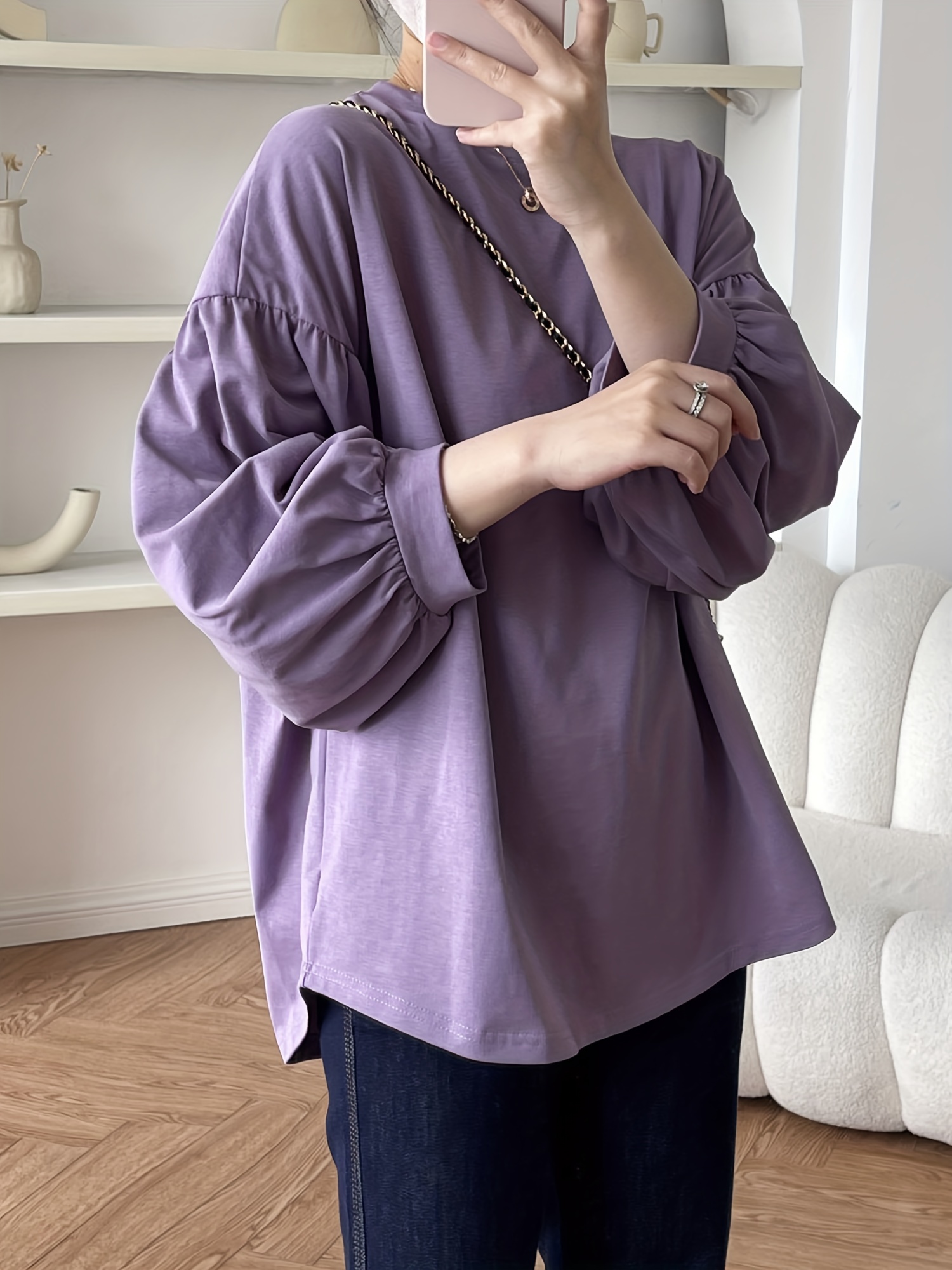 纯色圆领T恤 休闲灯笼袖上衣 春秋季女士服装 细节图 12