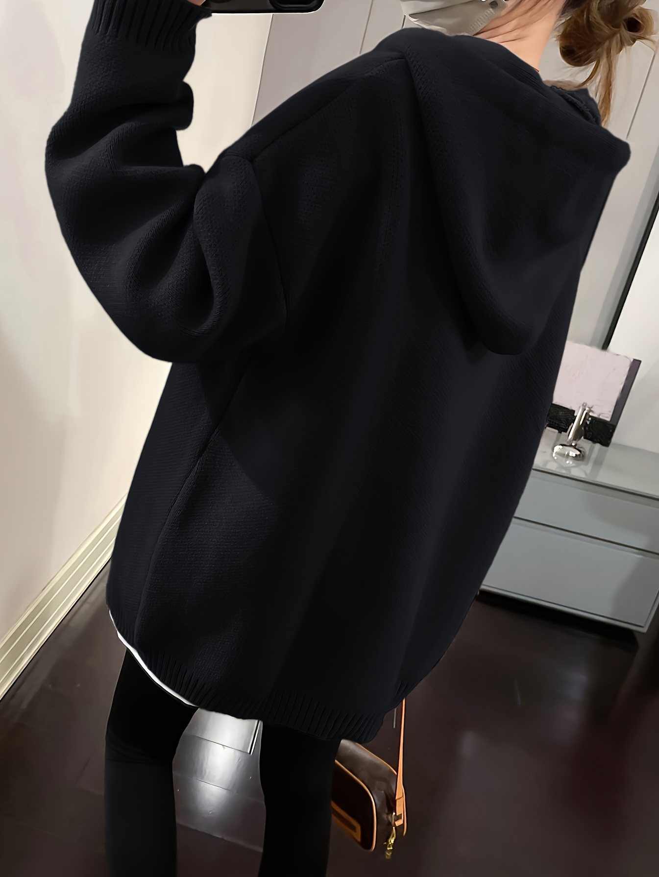 笑脸图案加大码连帽衫，休闲抽绳长袖毛衣，女士服装细节图 4