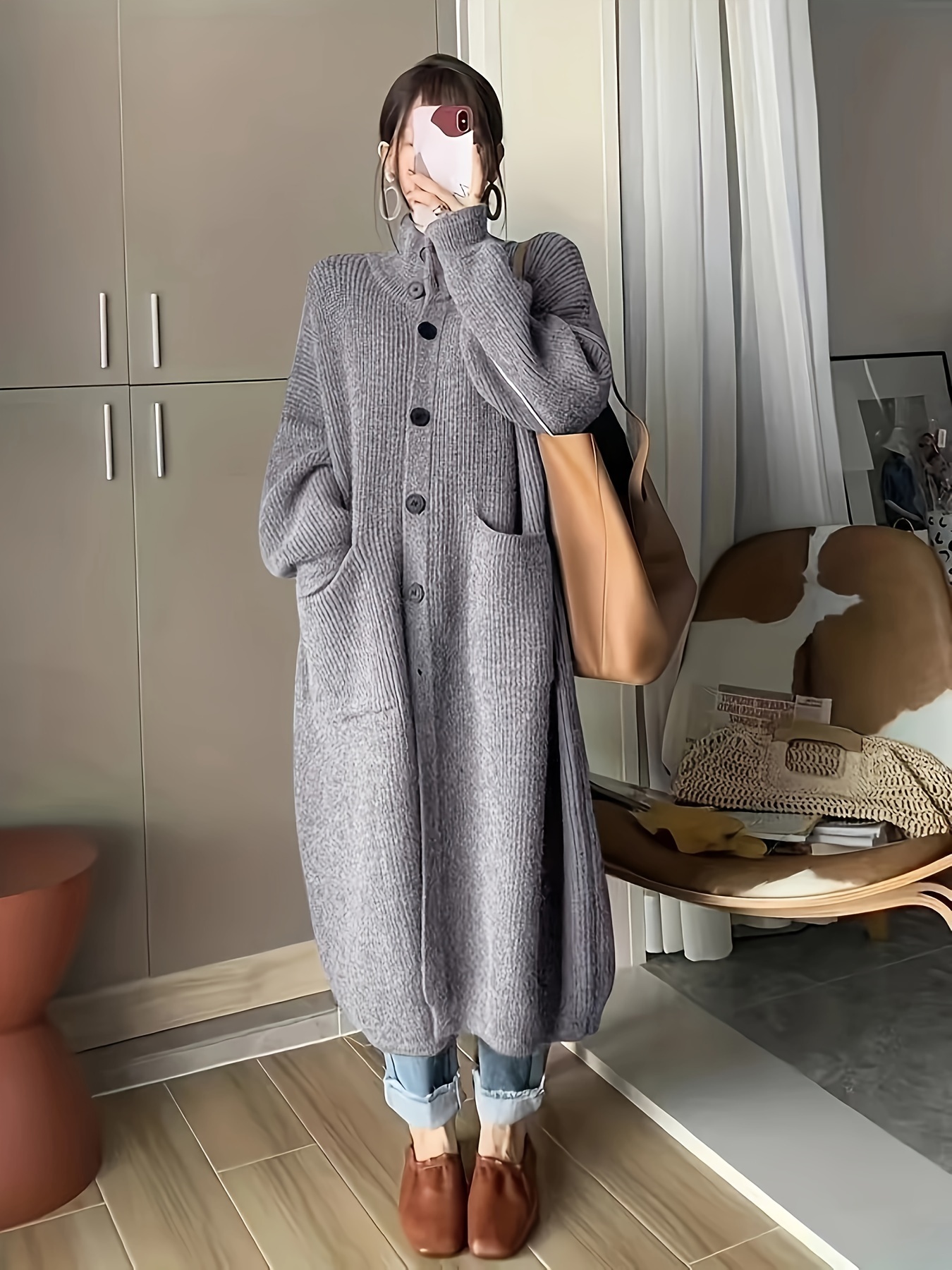 纯色纽扣前襟高领开衫，休闲长袖带口袋宽松毛衣外套，女士服装细节图 1