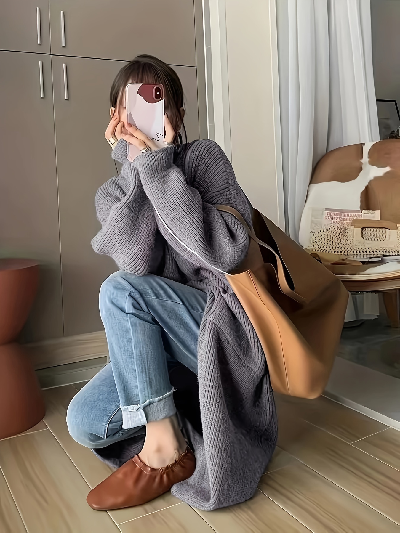纯色纽扣前襟高领开衫，休闲长袖带口袋宽松毛衣外套，女士服装细节图 2