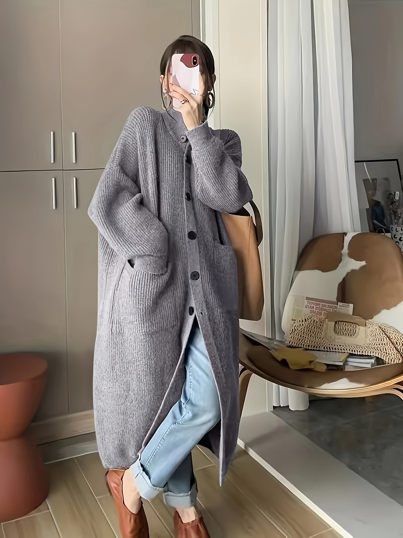 纯色纽扣前襟高领开衫，休闲长袖带口袋宽松毛衣外套，女士服装细节图 3