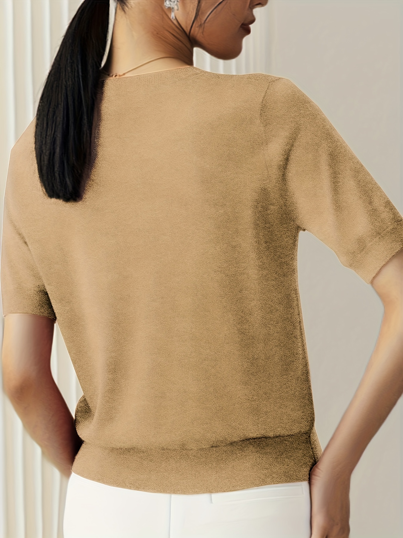 纯色圆领毛衣 休闲短袖春夏季女士服装细节图 1