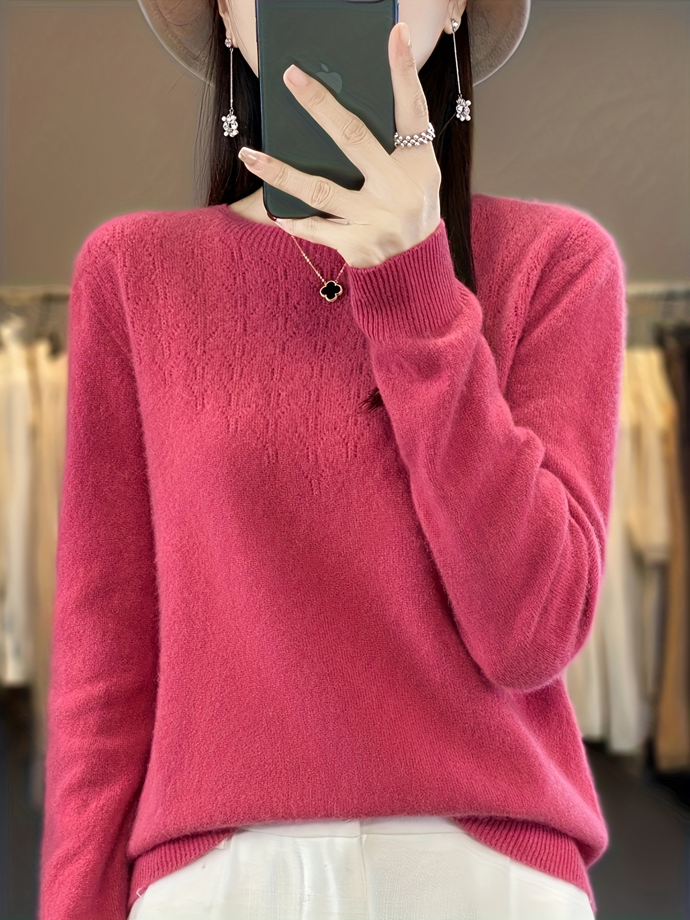 纯色圆领羊毛毛衣，休闲长袖、温暖基础款女式服装细节图0
