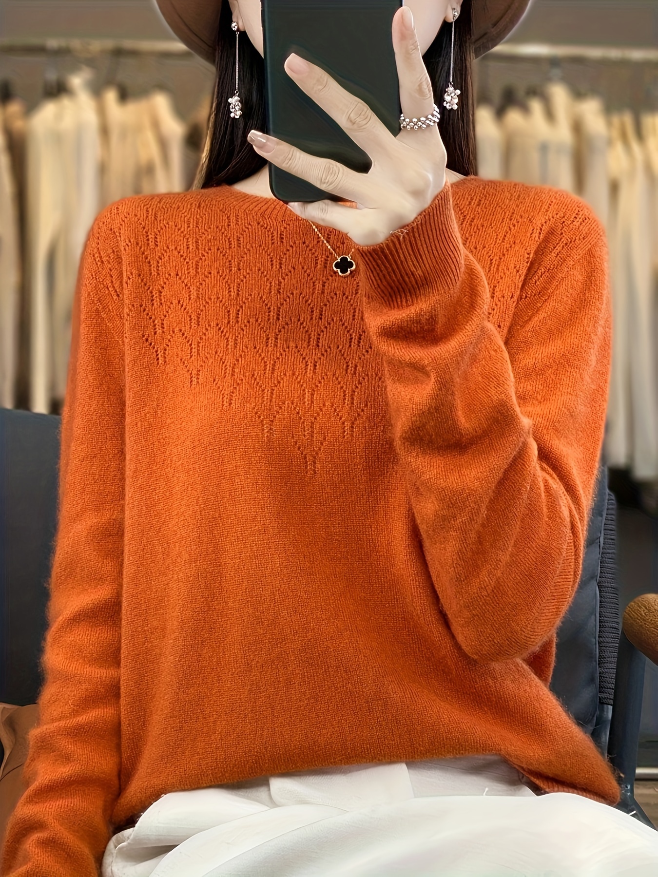 纯色圆领羊毛毛衣，休闲长袖、温暖基础款女式服装细节图2