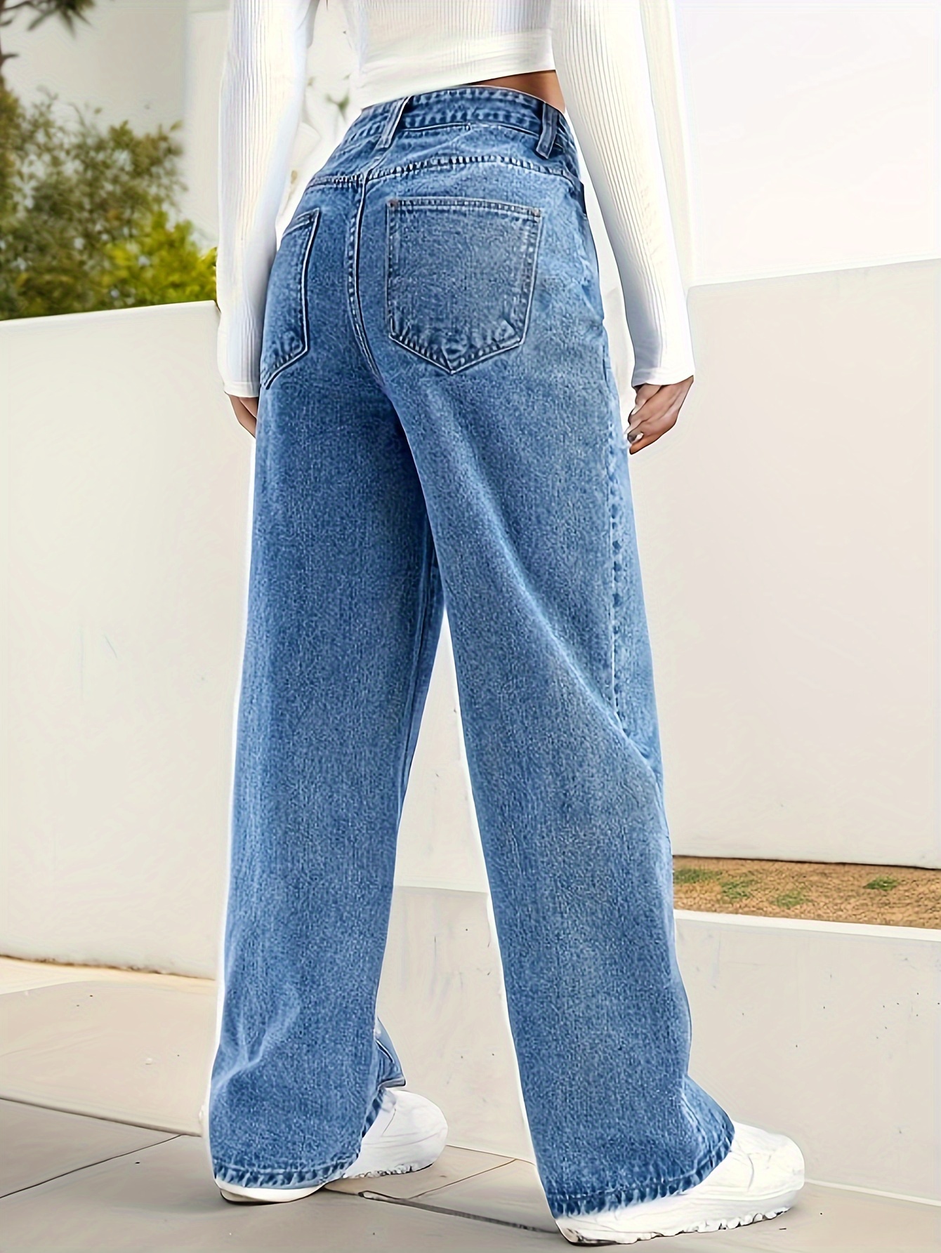 Loose fit washed straight jeans slant pockets non stretch denim pants womens denim jeans clothing details 0