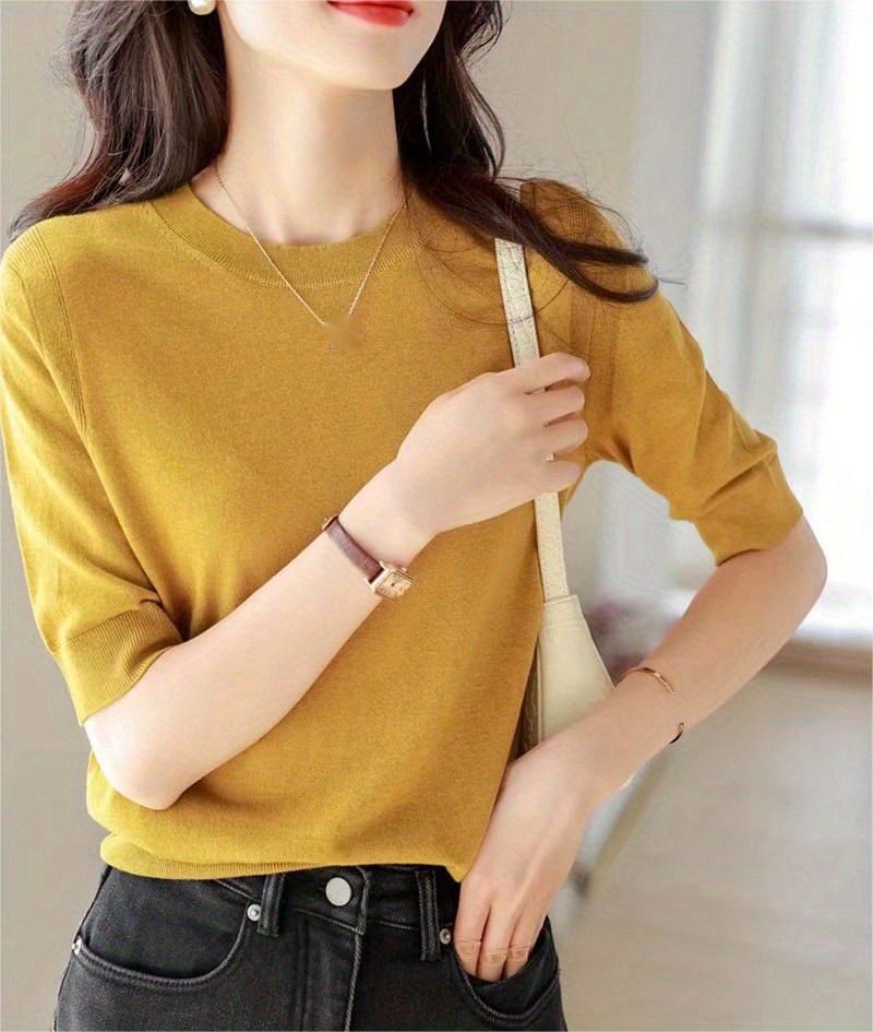 半袖针织毛衣 休闲圆领 纯色春夏季女士服装 细节图 0