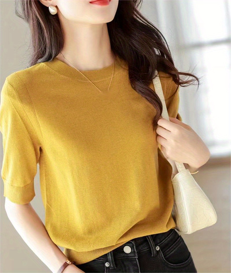 半袖针织毛衣 休闲圆领 纯色春夏季女士服装 细节图 1