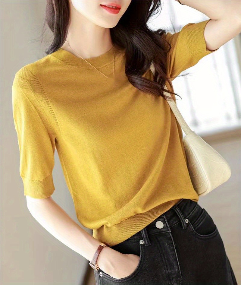 半袖针织毛衣 休闲圆领 纯色春夏季女士服装 细节图 2