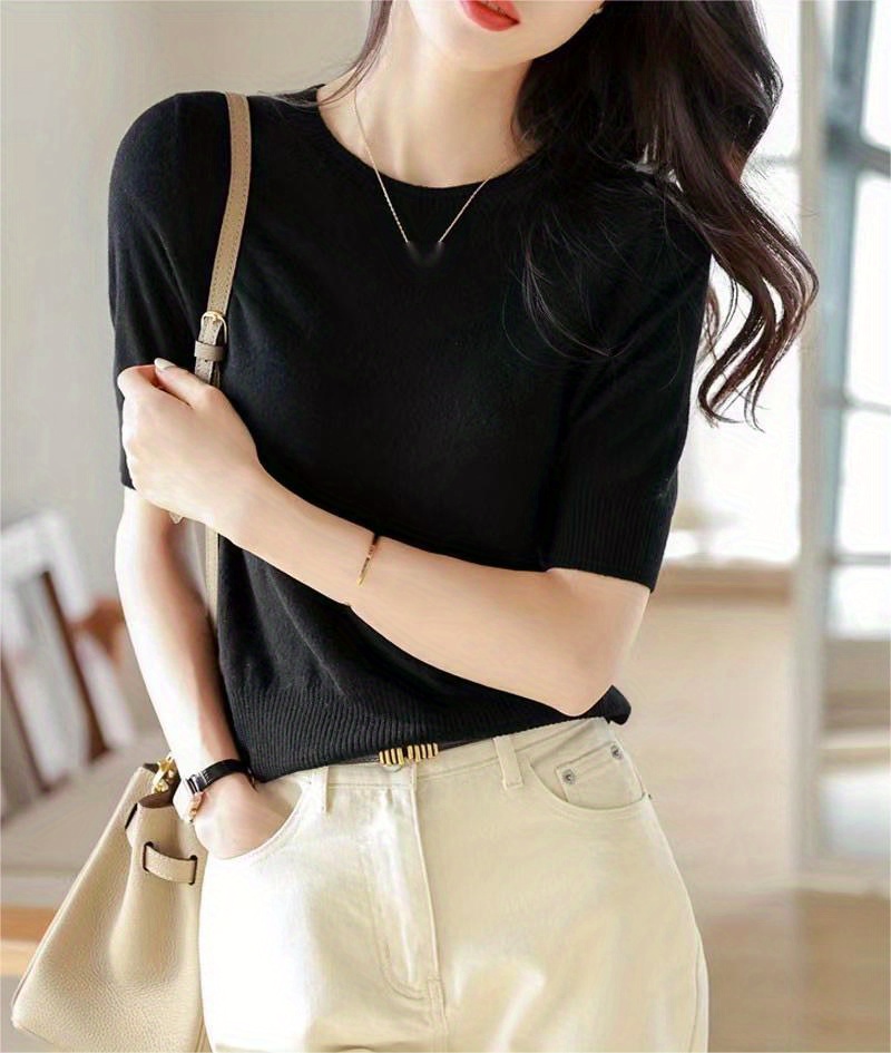 半袖针织毛衣 休闲圆领 纯色春夏季女士服装 细节图 5