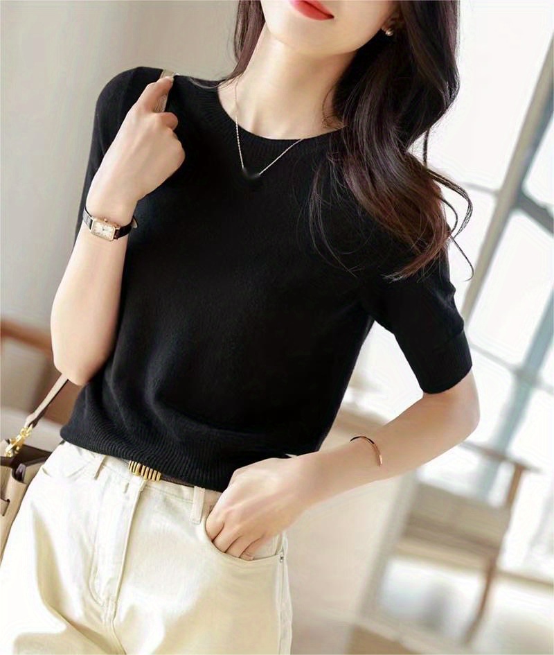 半袖针织毛衣 休闲圆领 纯色春夏季女士服装 细节图 6