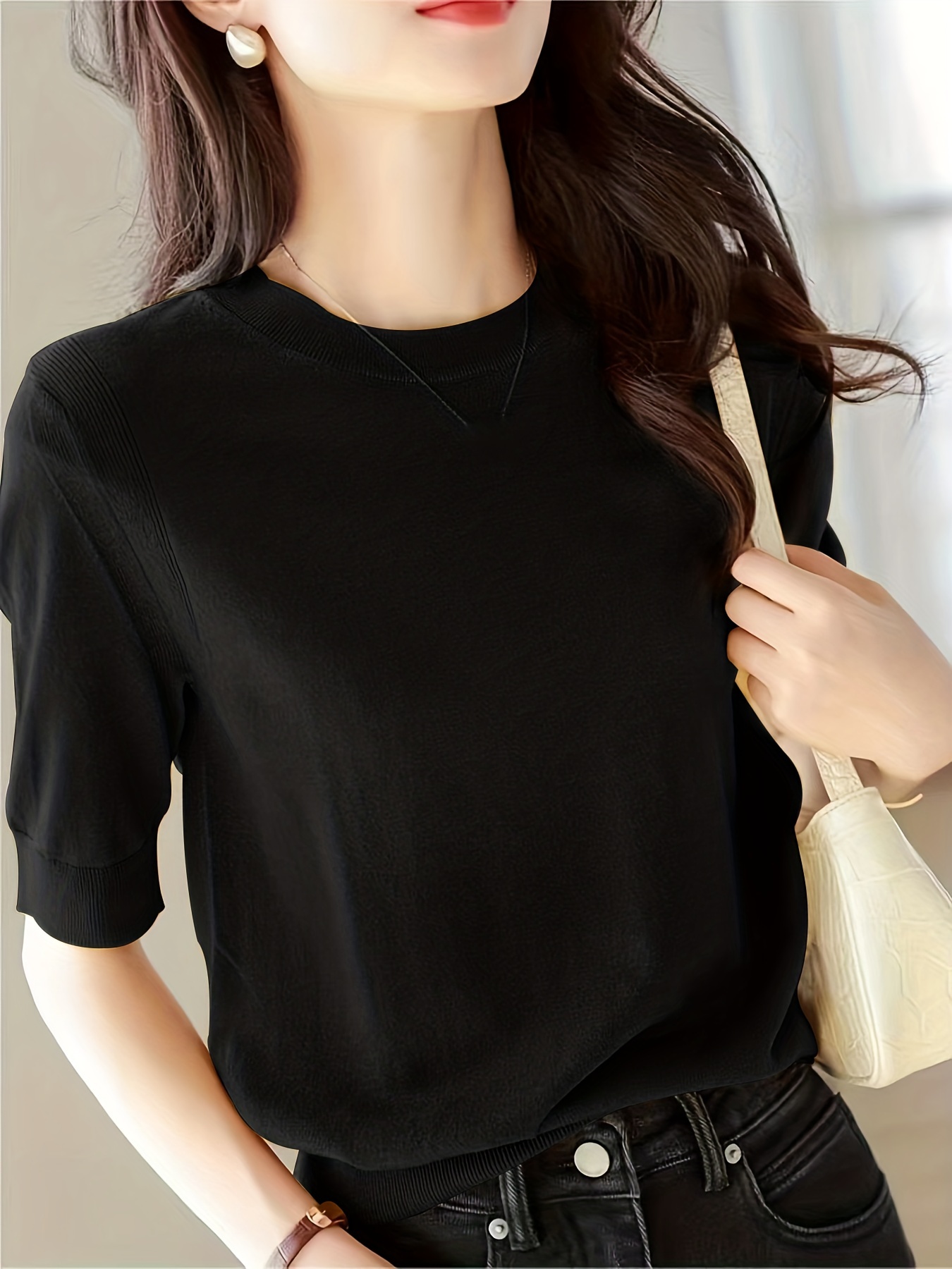 半袖针织毛衣 休闲圆领 纯色春夏季女士服装 细节图 7